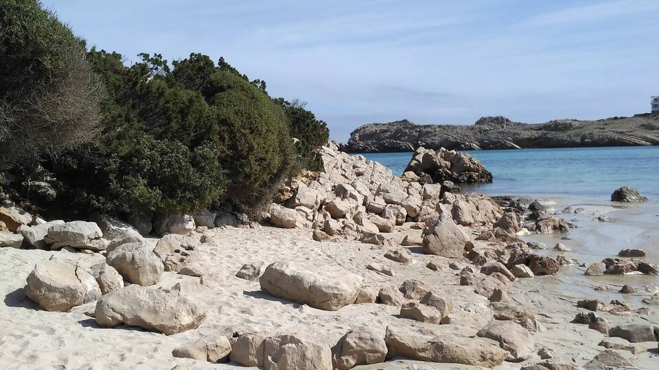 A rocky beach with footprints, a clear sky, and distant hills.