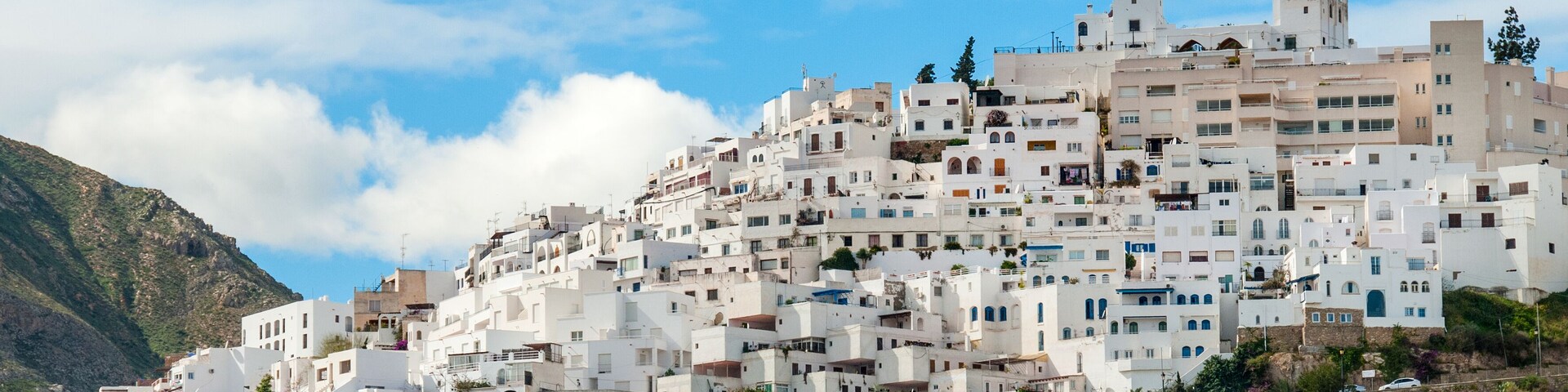Una ladera llena de edificios blancos con una montaña al fondo.