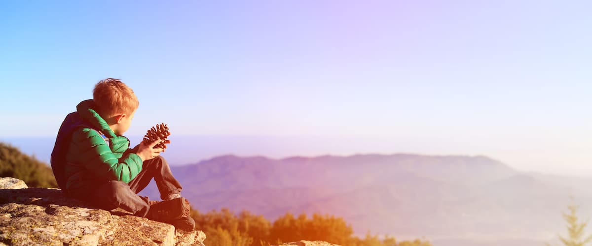 little boy hiking in scenic mountains looking at pine cone