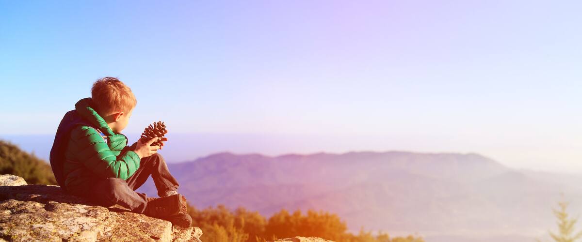 A person sitting on a rock with a pine cone, overlooking a mountainous landscape.