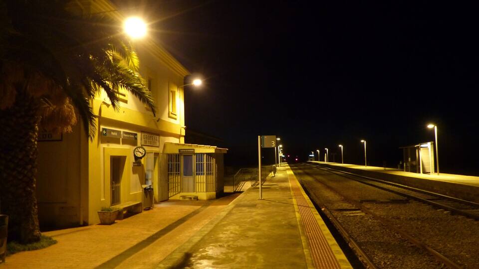 A nighttime train station with a platform, tracks, and a building with palm trees.