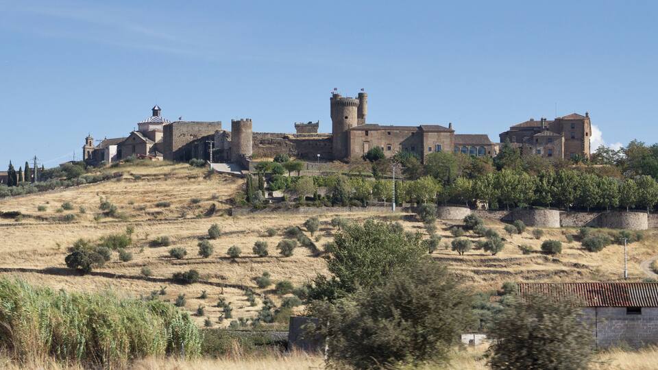 A historic castle complex on a hillside with dry grass and scattered trees.