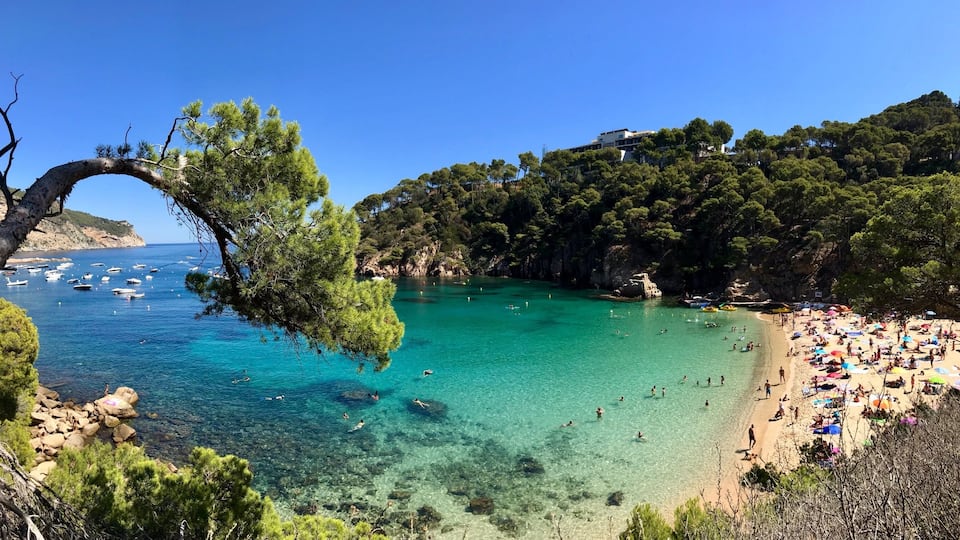 A coastal beach with clear turquoise waters, a rocky shoreline, and a dense forested hill.