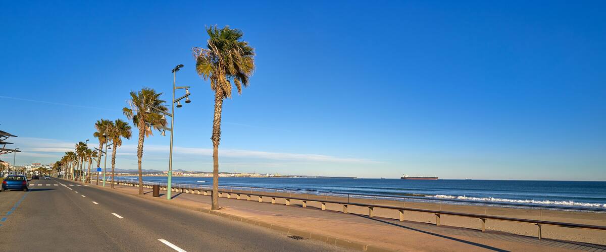 A coastal road lined with palm trees, a beach, and a ship in the distance.