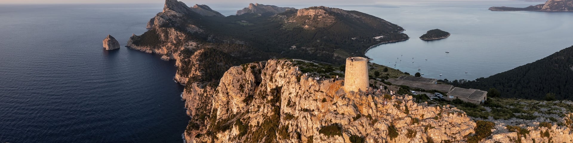 Aerial view, Albercutx watchtower, Talaia d'Albercutx, rocky cliffs and sea, Cap Formentor, coastal landscape, evening mood, Pollença, Majorca, Balearic Islands, Spain