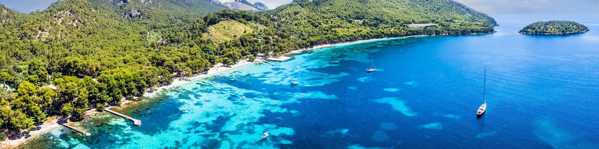 Aerial view with playa de Formentor (Cala Pi de la Posada ), beautiful beach at Cap Formentor, Palma Mallorca, Spain