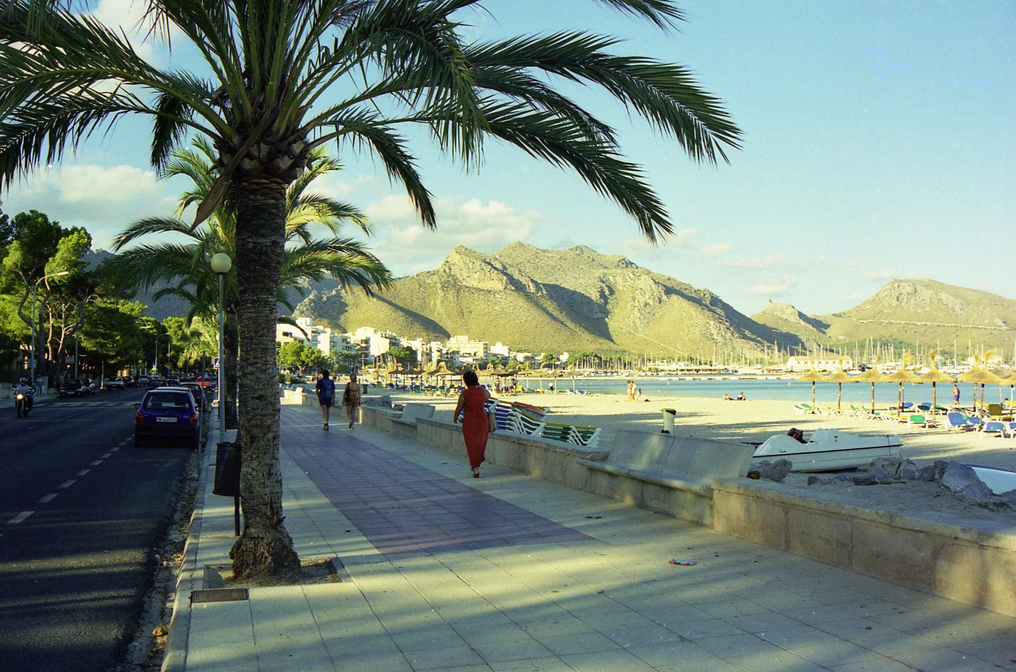 A coastal promenade with palm trees, a beach, and mountains in the background.