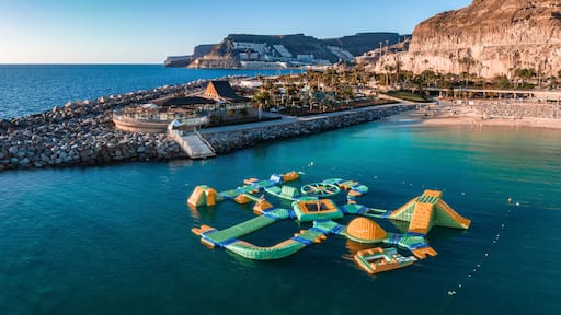 Aerial view of the Amadores beach on the Gran Canaria island in Spain. The most beautiful beach on the Canary islands.