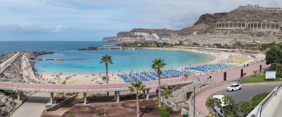 A coastal beach with a rocky breakwater, a promenade, and a large number of blue and white beach umbrellas.