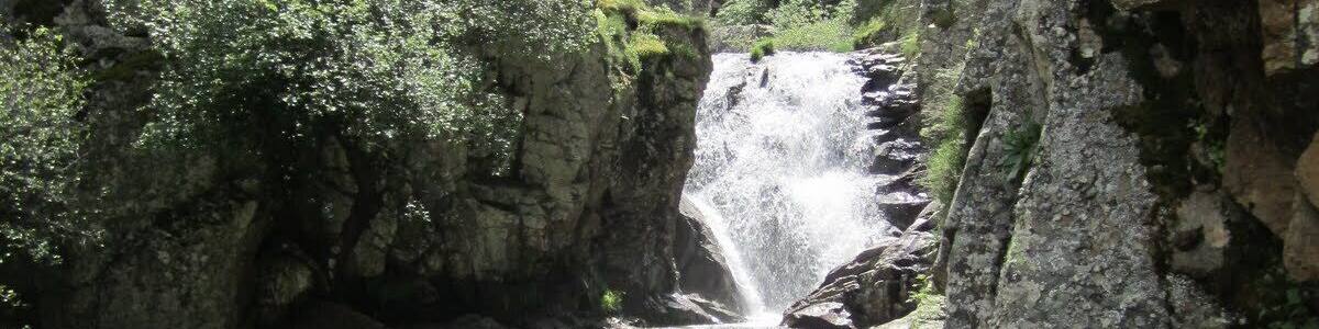 Une cascade se précipite le long d’une falaise rocheuse pour se déverser dans un ruisseau peu profond, le tout étant entouré d’une végétation luxuriante.