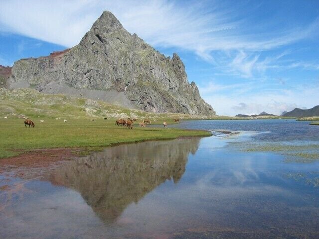 A mountain, a lake, and grazing horses.
