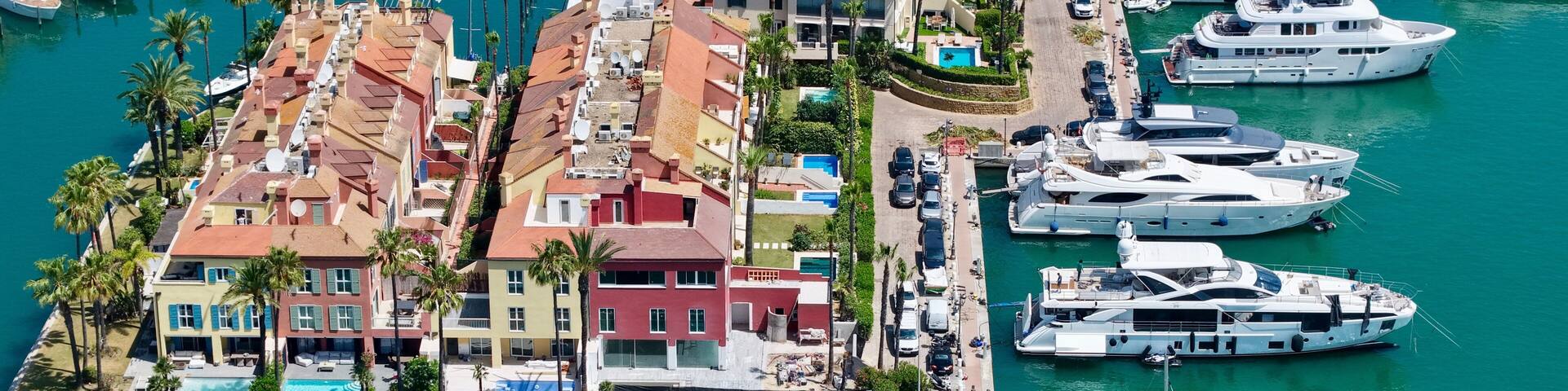 aerial view of Sotogrande, marina with boats and yachts, San Roque, Torreguadiaro, Costa del Sol, Cádiz, Andalusia, Malaga, Spain