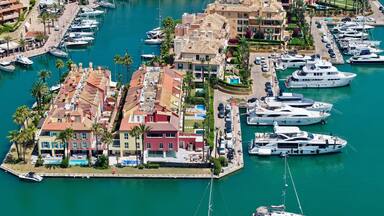 aerial view of Sotogrande, marina with boats and yachts, San Roque, Torreguadiaro, Costa del Sol, Cádiz, Andalusia, Malaga, Spain
