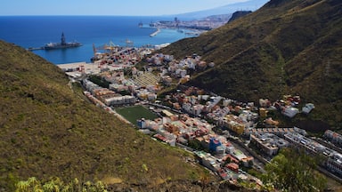 A coastal town with a port, hills, and a clear blue sky.