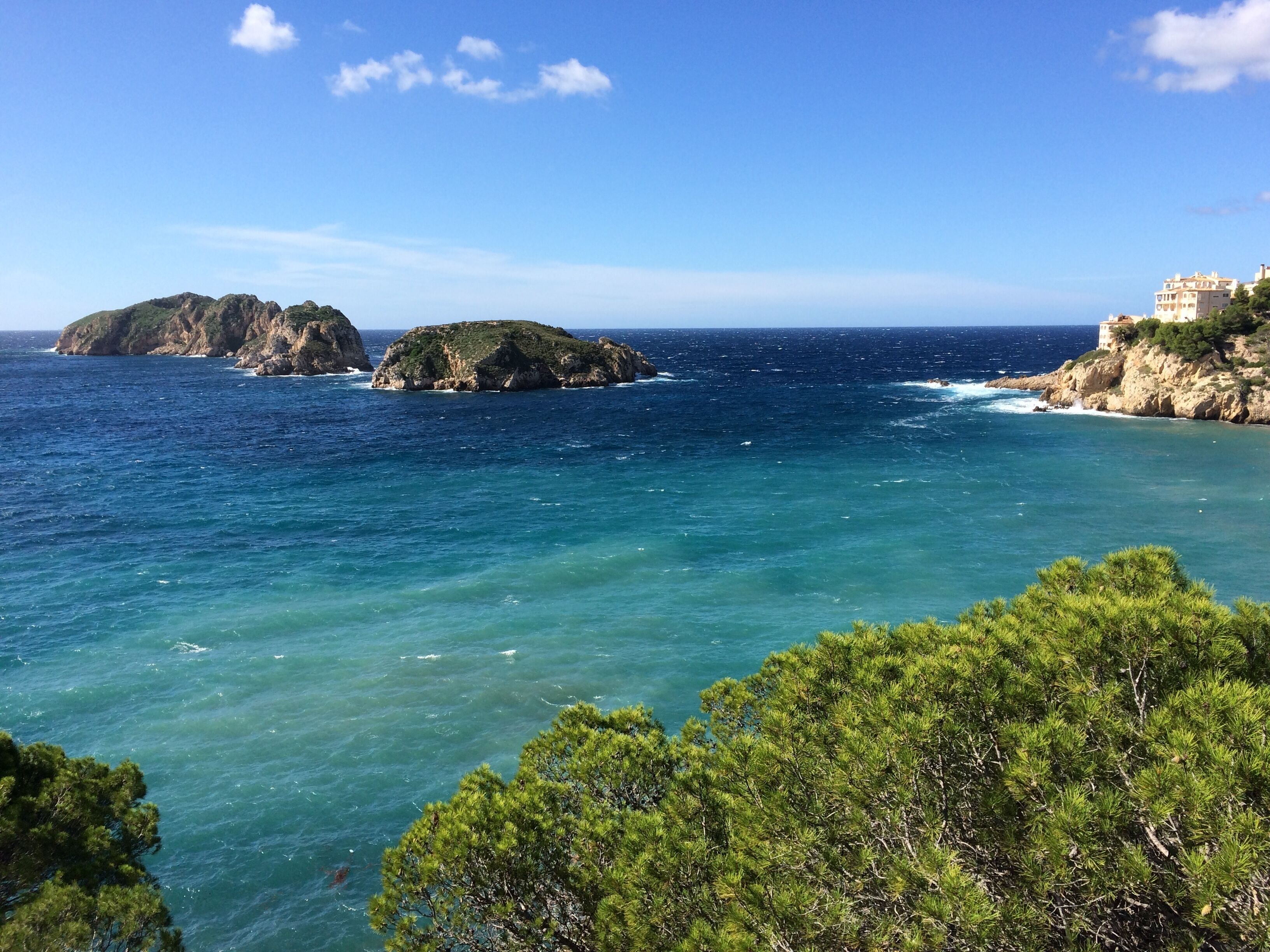 A coastal landscape with clear blue waters, rocky outcrops, and green pine trees.