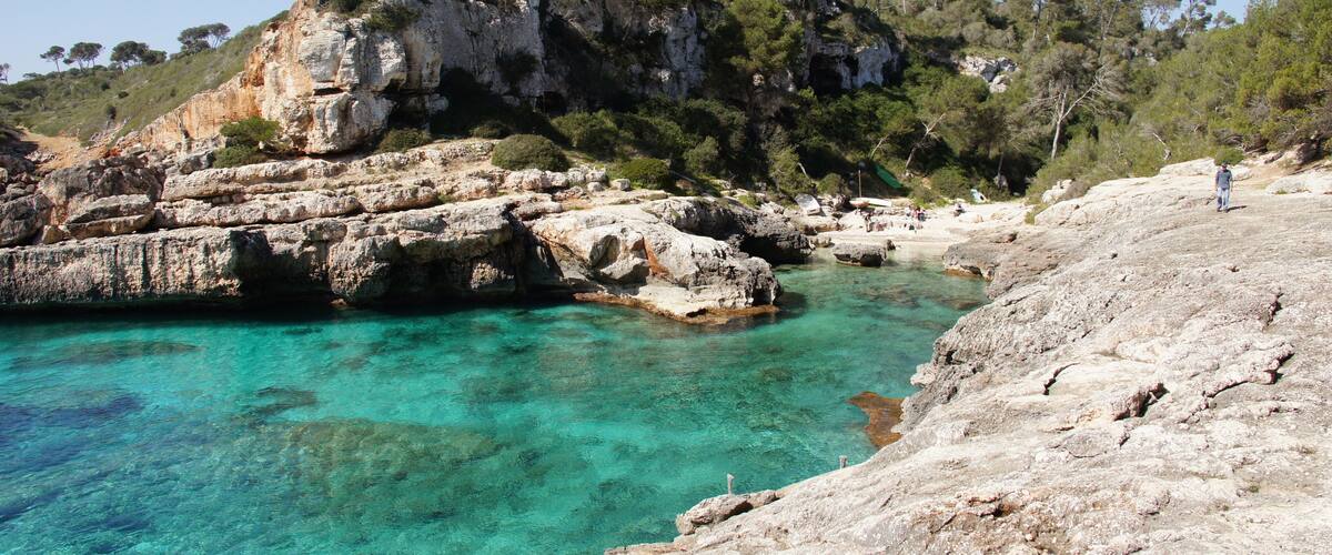 A rocky coastline with clear turquoise waters, a cliff with trees, and a person standing on the right.