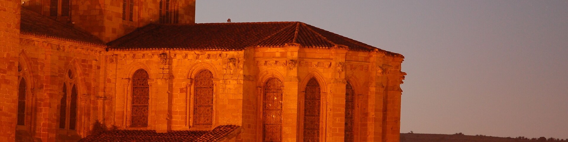 Edificio histórico con ventanas de arco y tejido de tejas, rodeado de colinas.