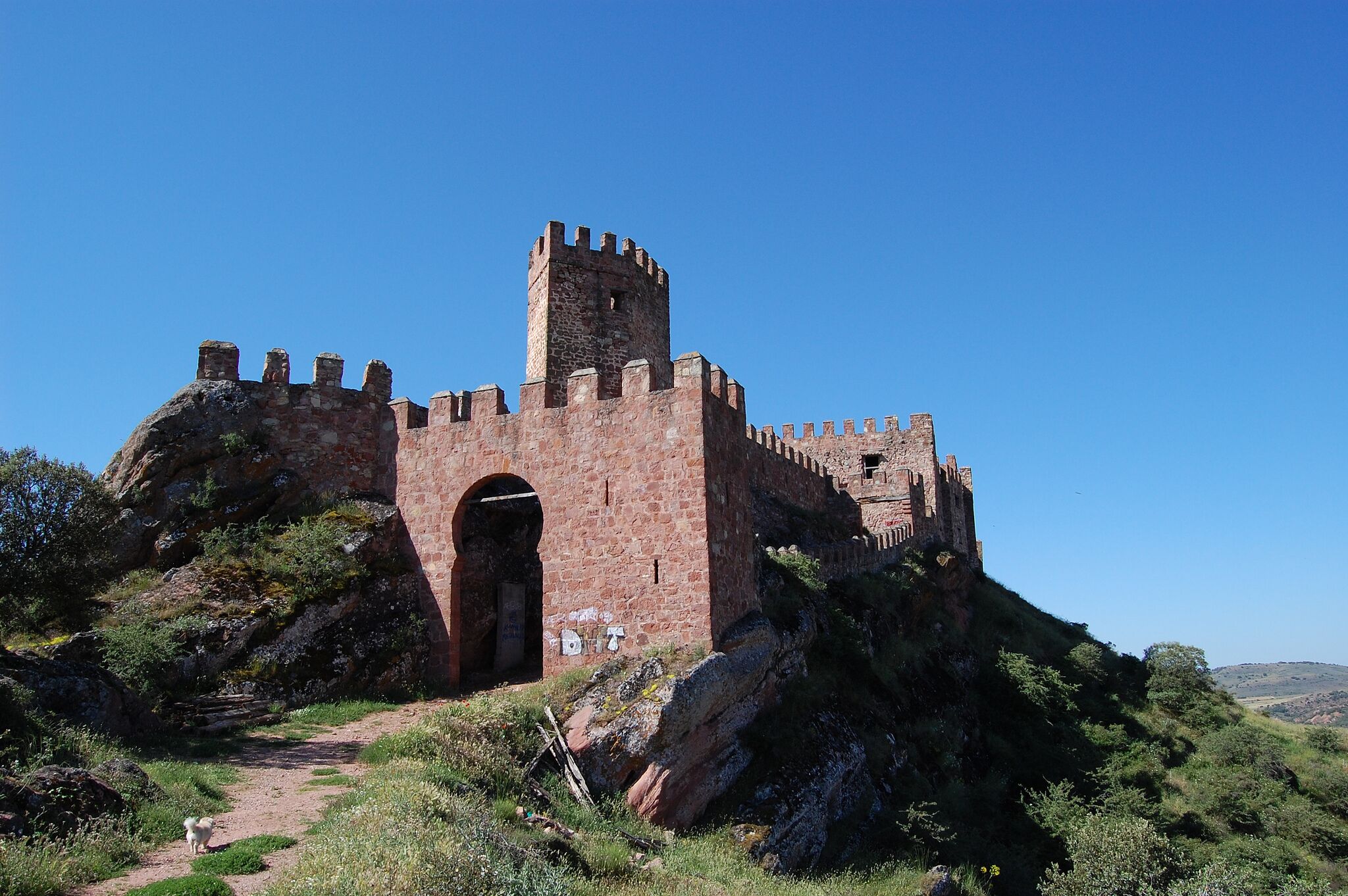 A historic stone castle with a prominent tower, situated on a rocky hill with a clear blue sky.