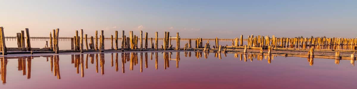 Salt on a pink salt lake at sunset. Pink Salt Lake Torrevieja.