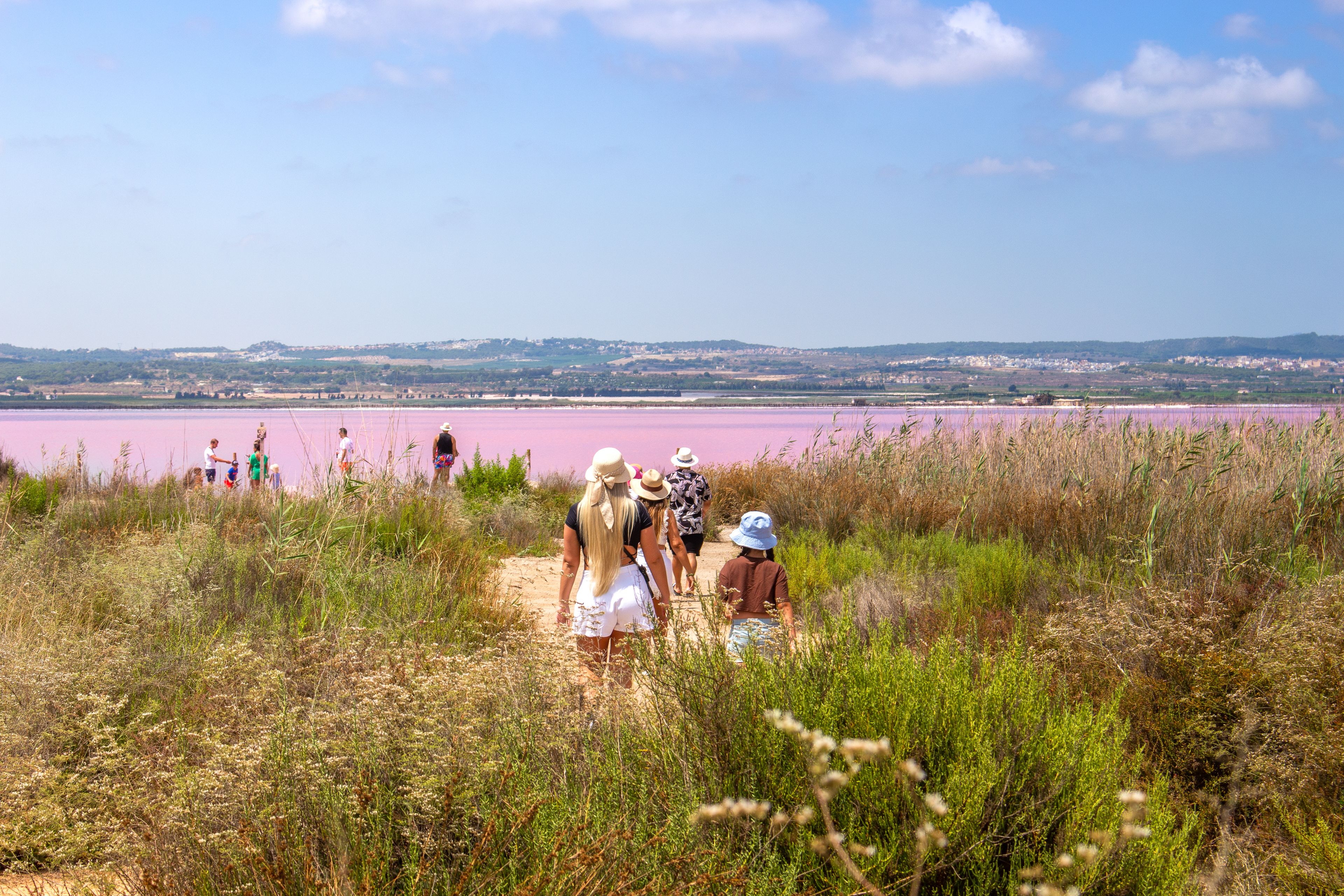A group of people walking along a path with a pink lake in the background.