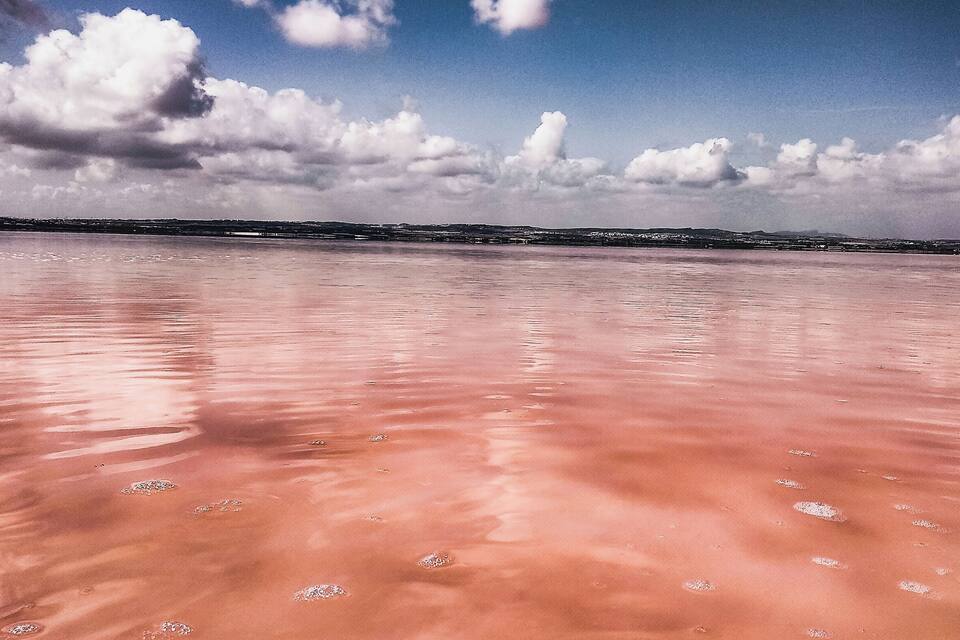 A beach with a pinkish hue, footprints, and a distant shoreline with buildings.