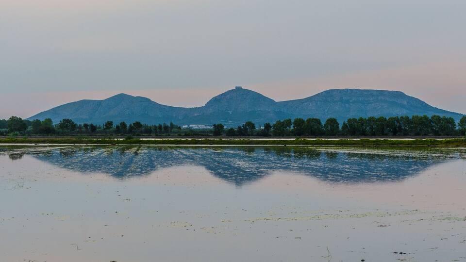 Los campos de cultivo del arroz inundados refeljan la bonita montaña del Montgrí durante la puesta de Sol de una tarde de verano. Pals, Baix Empordà, Girona, Cataluña, España.