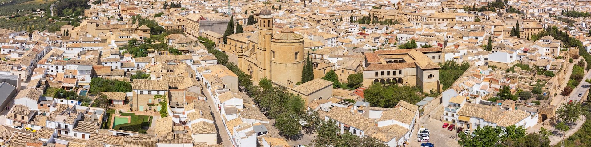 An aerial view of a densely populated city with historic architecture, including a prominent tower and a church.