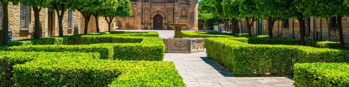 Summer sight in Ubeda with the beautiful church "Sacra Capilla del Salvador". Jaen, Andalusia, Spain.