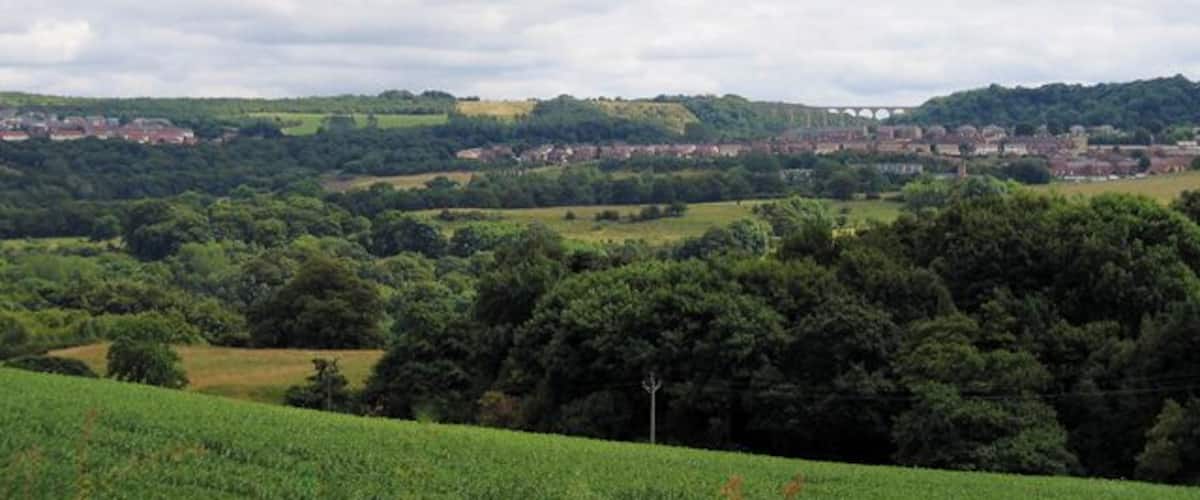 A rural landscape with rolling hills, a village in the distance, and a clear sky.