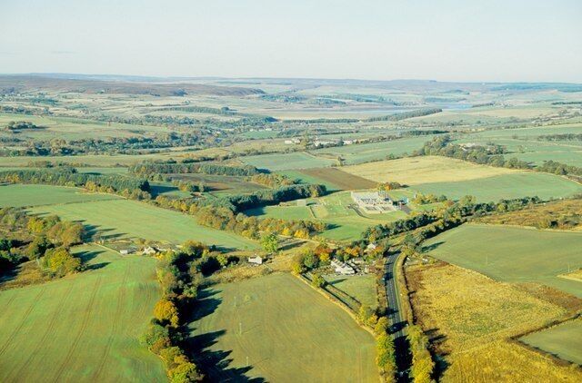 Aerial view of Mosswood Village and Water Works