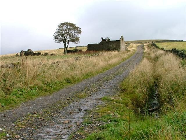 Ruin, Hardedge. The track is part of the Coast to Coast National Cycleway Route No. 7. View east from Whitehall towards Hardedge.