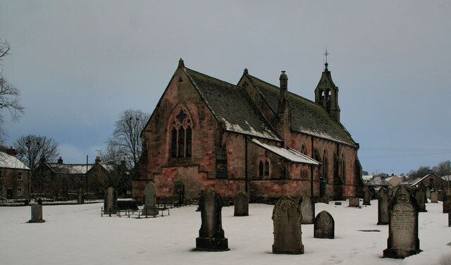 St Peter's parish church, Great Asby, Cumbria, seen from the northeast in snow