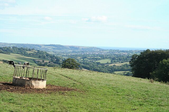 Dalwood: above the Umborne valley. Looking south-south-east towards Colyton and beyond to the English Channel at Seaton Bay