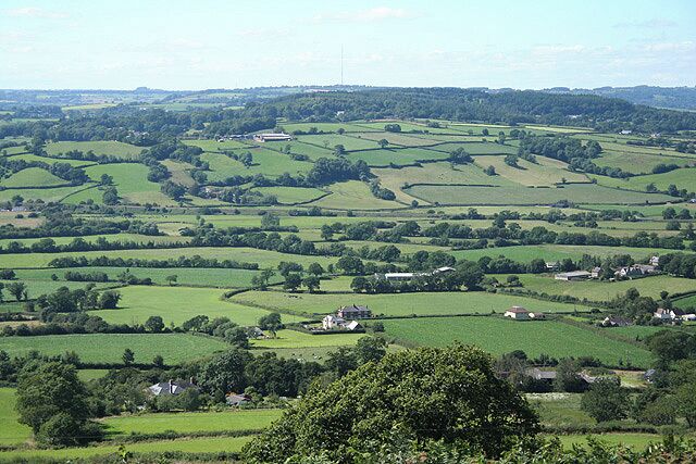 Rolling green hills with scattered houses and a distant power line.