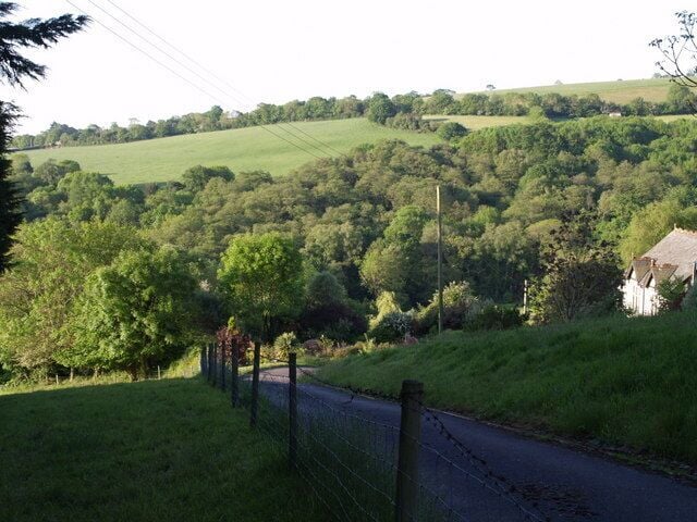 Halshayne This valley drops to the left to meet the Umborne Brook valley. Watchcombe Copse is on the far side; the fields above it are in SY2297. The house on the right is shown as Halshayne Manor Farm on the maps, but plain "Halshayne" on the gatepost.