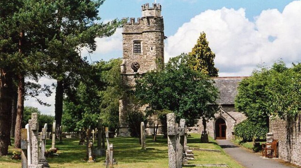 West tower and south porch of St Peter's parish church, Dalwood, Devon, seen from the south