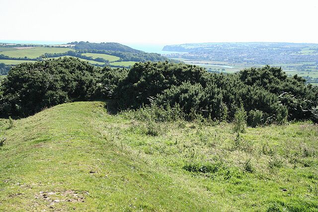 Musbury: Musbury Castle View from the site of the iron age hillfort, accessible by public footpaths  steeply from the village and more easily from the north, along the ridge. Looking south west to the mouth of the Axe and Seaton Bay. The Romans had a port at Axmouth and this is reputedly where the Fosse Way ended. Axmouth village is hidden by the wooded Hawkdown Hill, the site of a second hillfort. Musbury Castle stands 170m above sea level