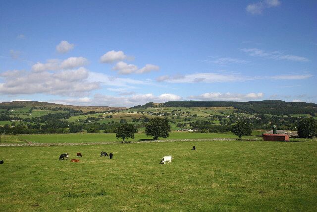 A green field with cows grazing, a red building, and rolling hills in the background.