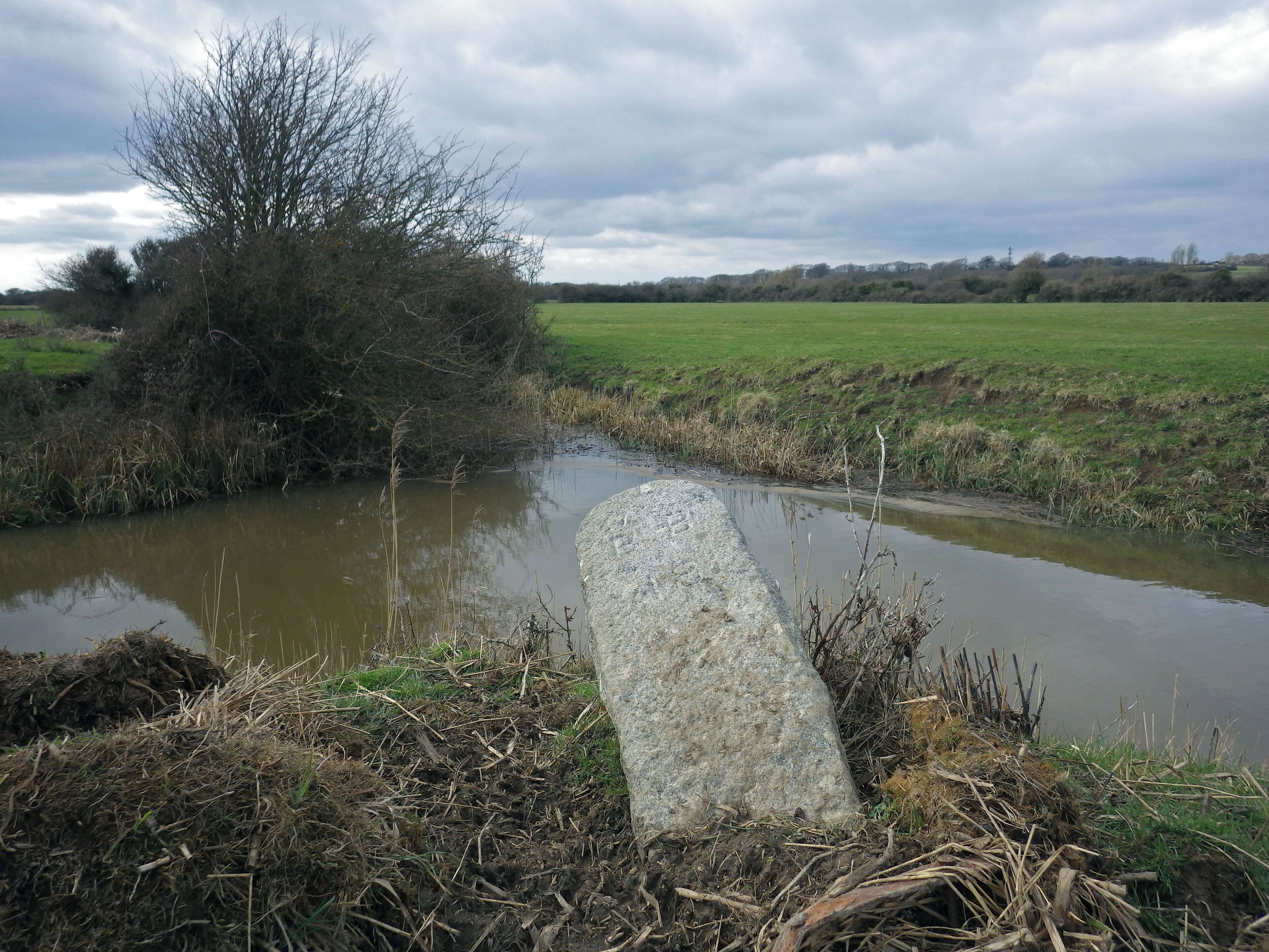 A rural landscape with a small pond, a large stone, and a field in the background.