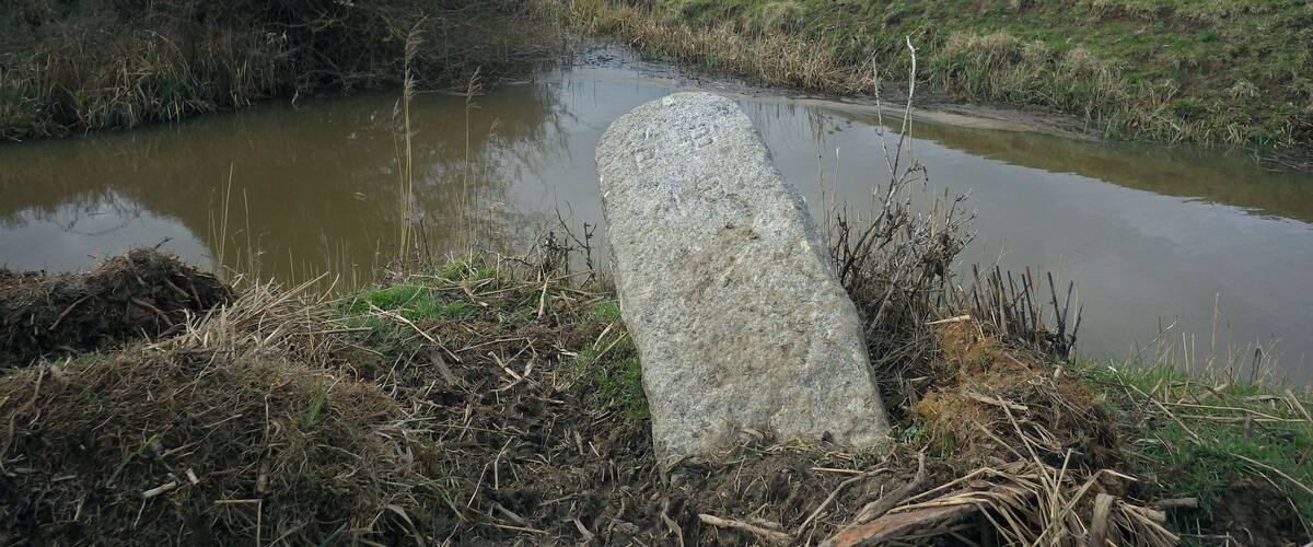 A rural landscape with a small pond, a large stone, and a field in the background.