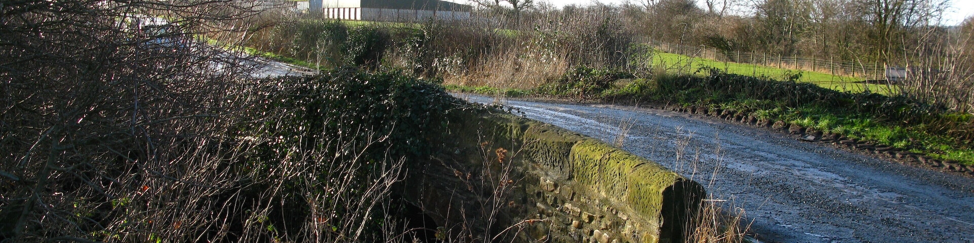 A rural road with a stone wall on one side and a grassy field on the other.