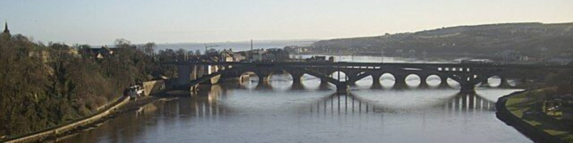 Downstream River Tweed Viewed from the Royal Border (rail) Bridge; with the new and the old road bridges in the middle distance.