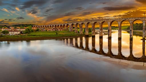 Berwick, Northumberland, UK, June 19, 2024; sunset aerial view of the Royal Border Bridge Viaduct, Berwick, Berwick-upon-Tweed, Northumberland, England, UK.