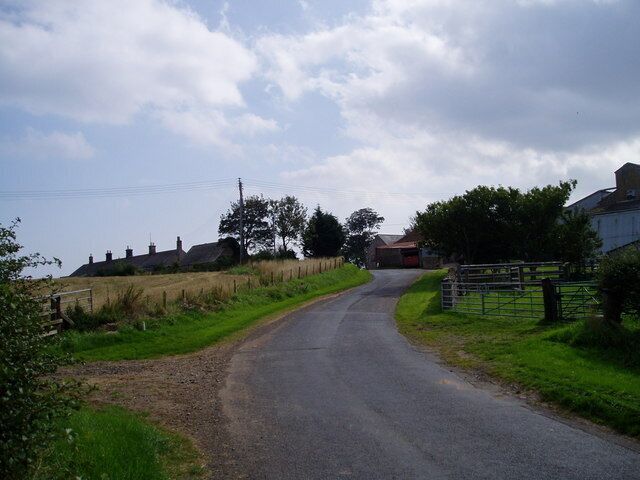 A rural road with houses on one side and a fenced field on the other.