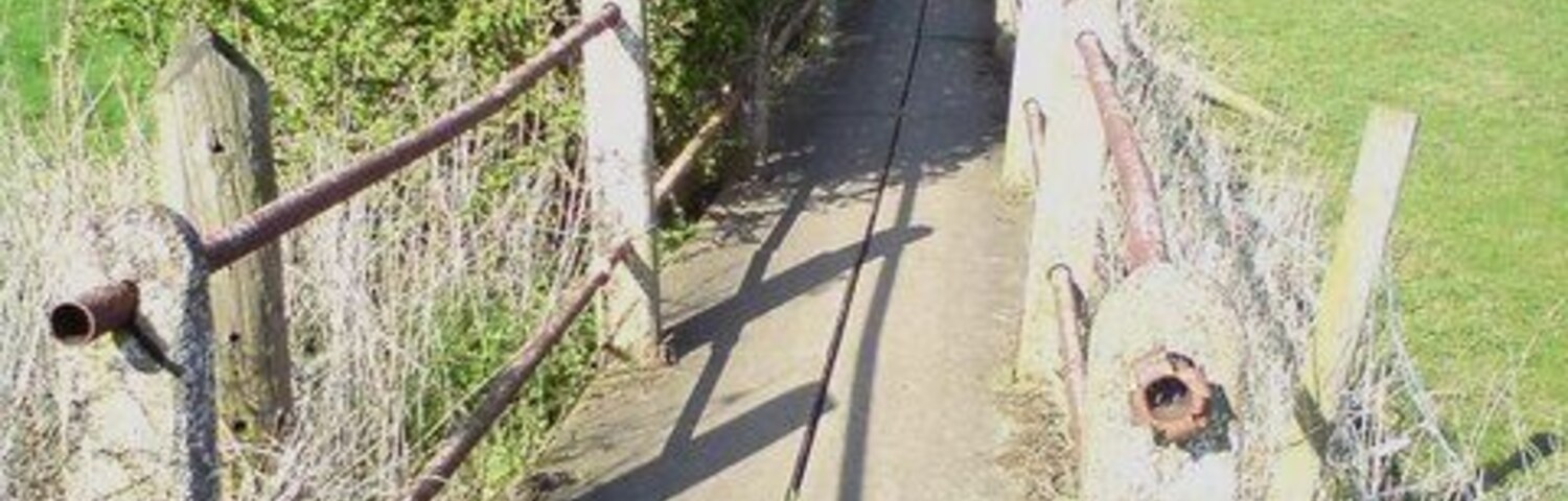Uma trilha rústica e estreita, com cerca de madeira de um lado e portão de metal do outro, cercada por vegetação.