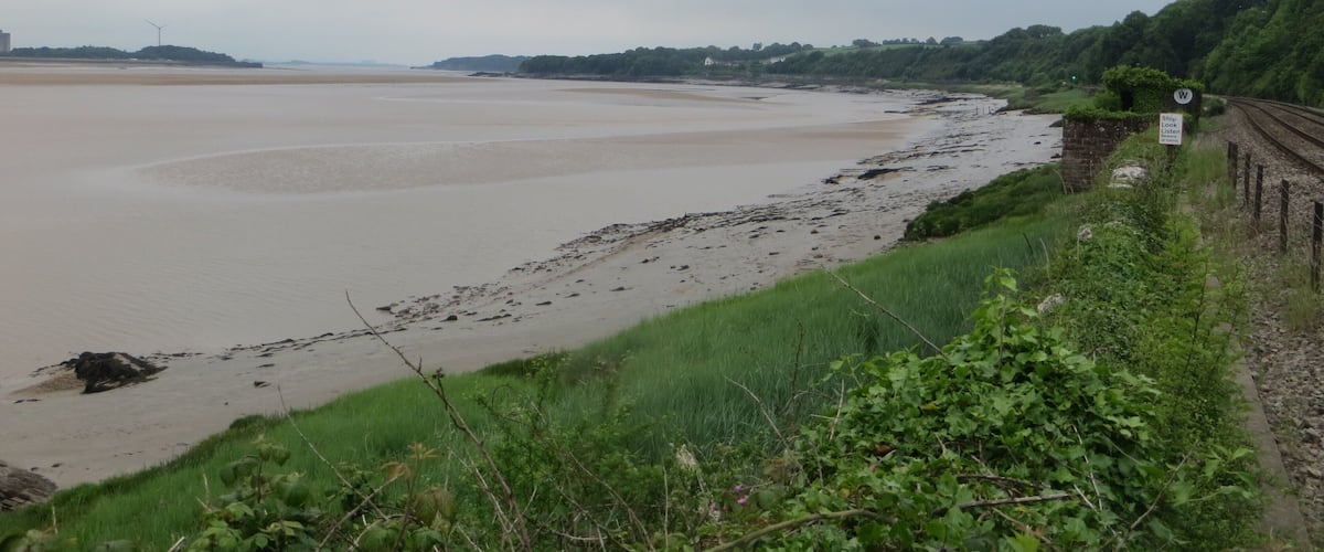 A coastal landscape with a sandy beach, a railway track, and lush greenery.