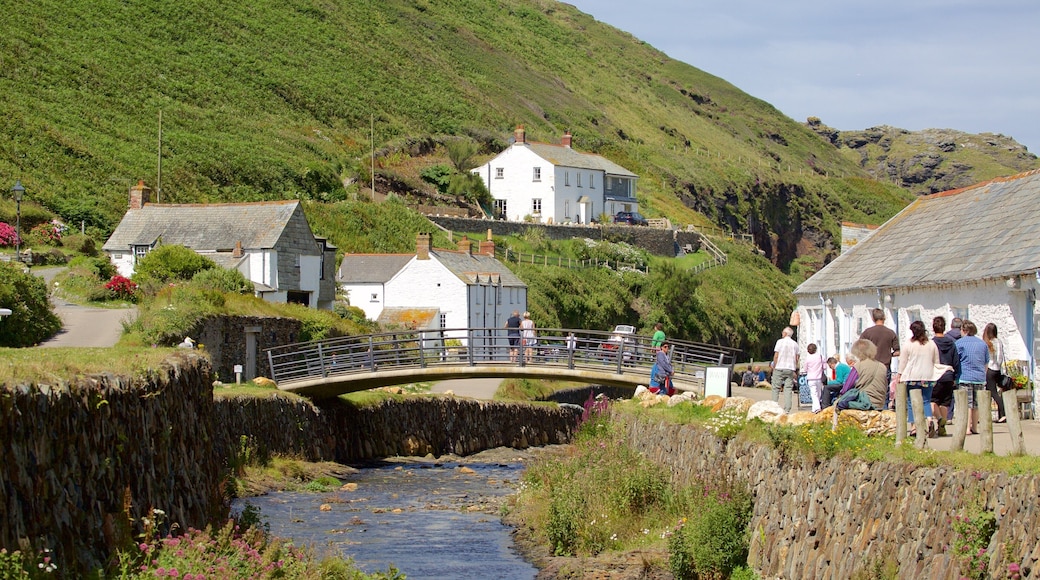 Boscastle which includes a coastal town, a river or creek and a bridge