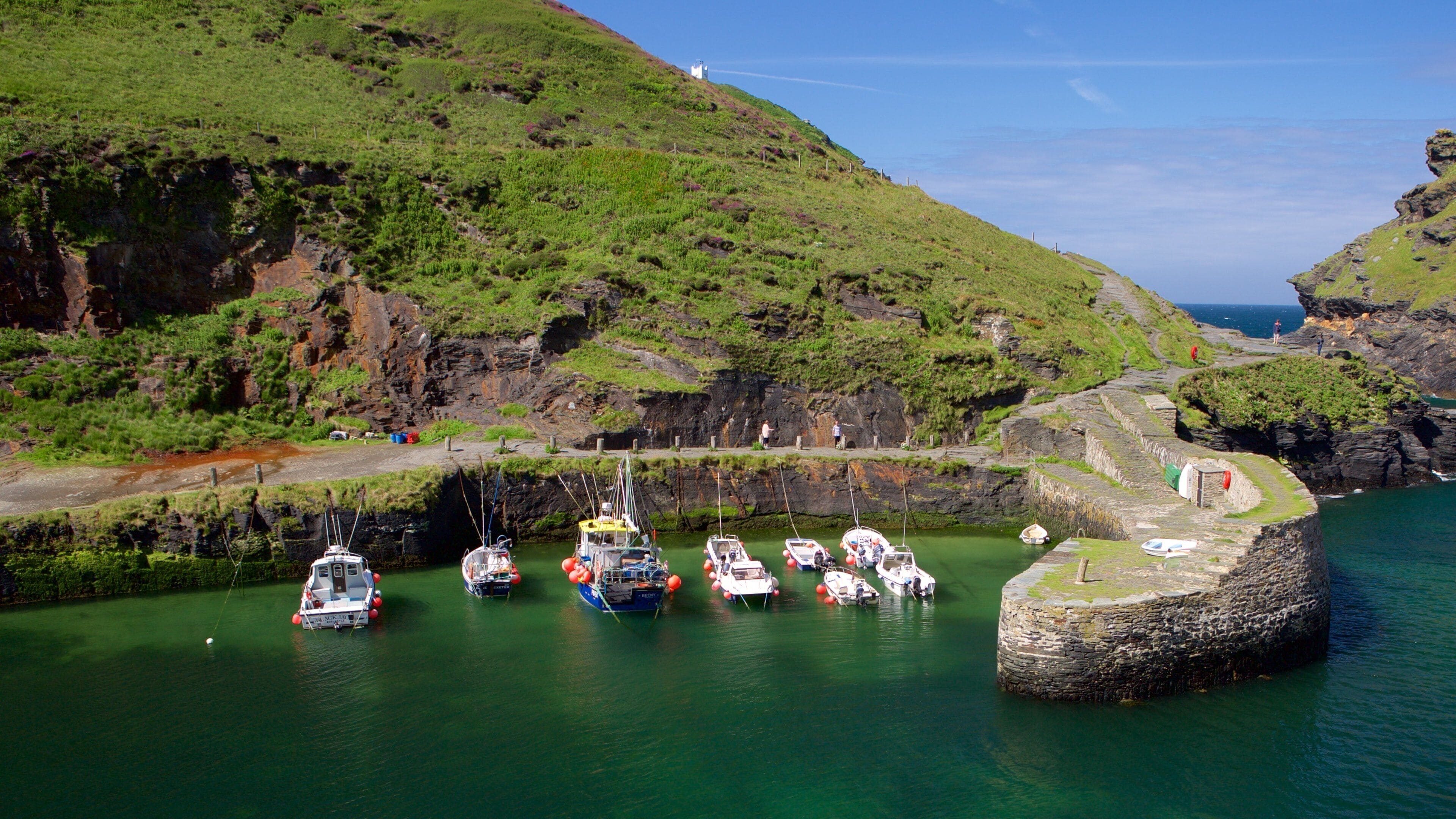 Boscastle which includes rocky coastline and boating