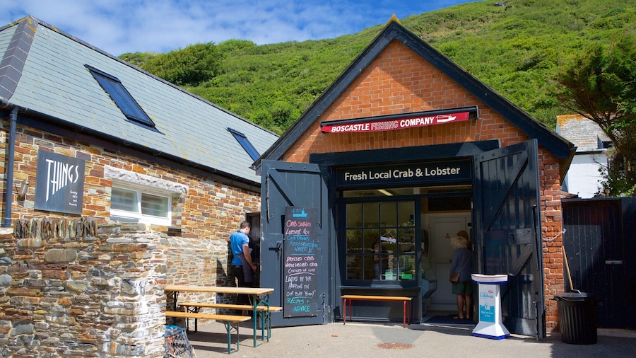 A coastal building with a sign for 'Boscattle Fishing Company' and 'Fresh Local Crab & Lobster'.