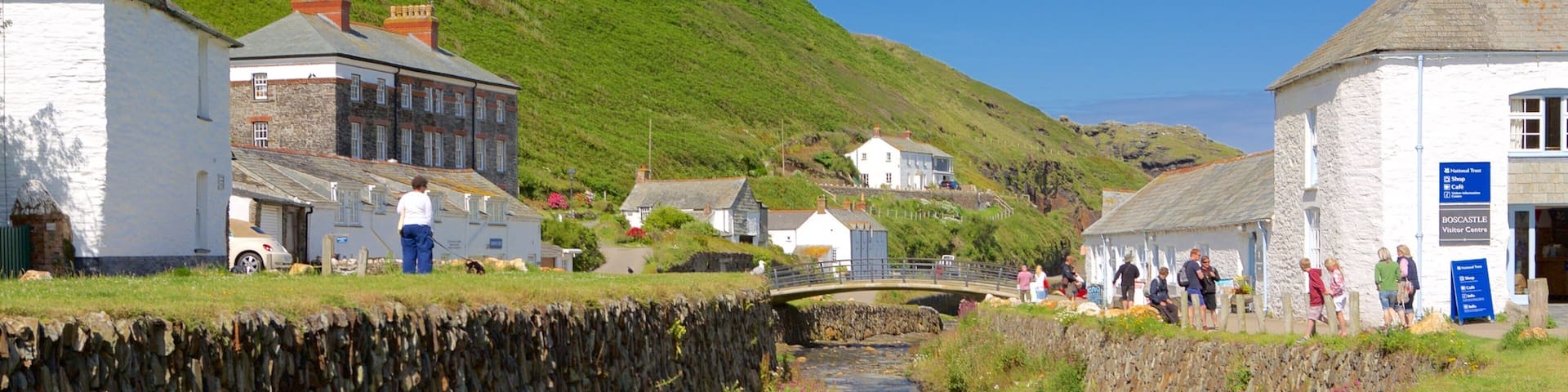 A coastal village with stone houses, a bridge over a stream, and a grassy hill in the background.